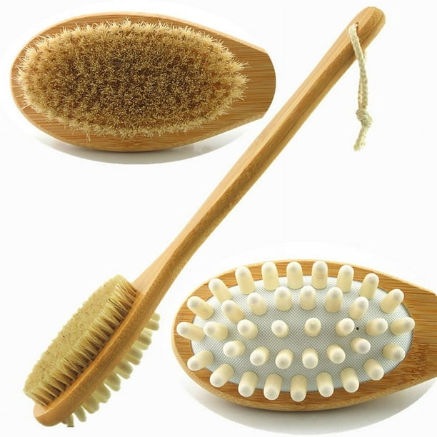 Cepillo corporal de bambú para exfoliar la espalda - Cepillo de ducha con cerdas naturales de jabalí y mango largo - Exfolia la piel y combate la celulitis - Para uso en seco o húmedo