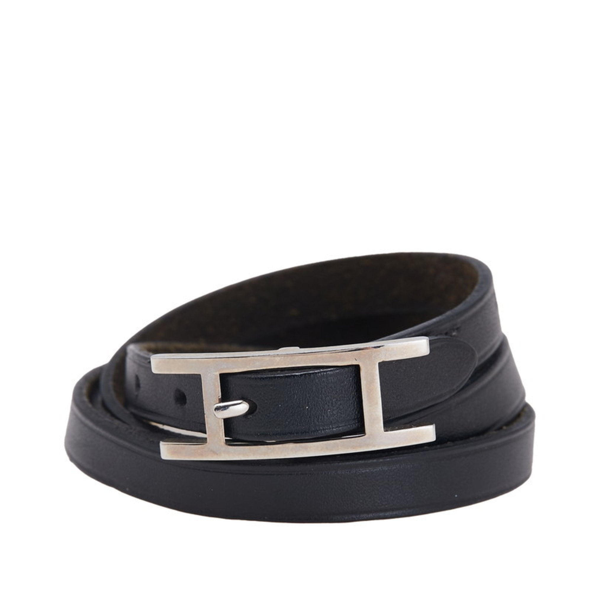 Pre-Owned Hermes Api 3 Long Bracelet Choker in Black and Silver Leather Metal for Men (Good)