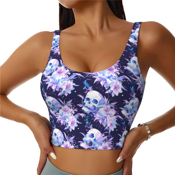 Balery blue starry sky Skull flower Sujetadores deportivos con espalda cruzada para mujer, acolchados, sin costuras, de alto impacto, ideales para yoga, gimnasio, entrenamiento y fitness.-X-Large