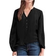thumbnail image 1 of Pompotops T-Shirt à Manches Longues pour Femmes, Col en V, Couleur Unie, Tube Ouvert, Boutons, Mode Décontractée Rétro, Hauts, Blouse, 1 of 5