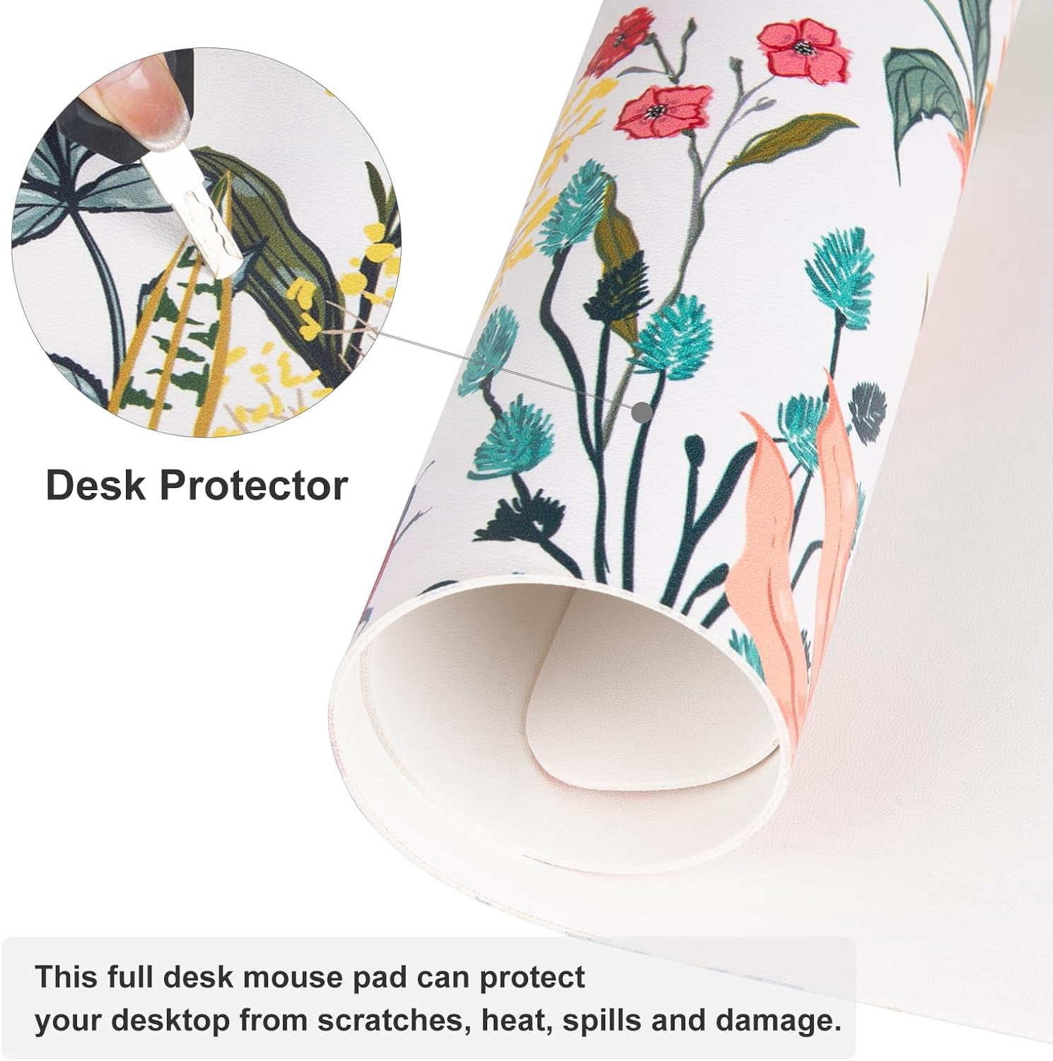 Large Mouse Pad for Desk, Cute Desk Mat for Desktop, Women Girls Floral Office Décor Desk Accessories, PU Leather Waterproof Big Gaming Mousepad, Flowers Desk Pad Computer Mat, 31.5" x 15.7"