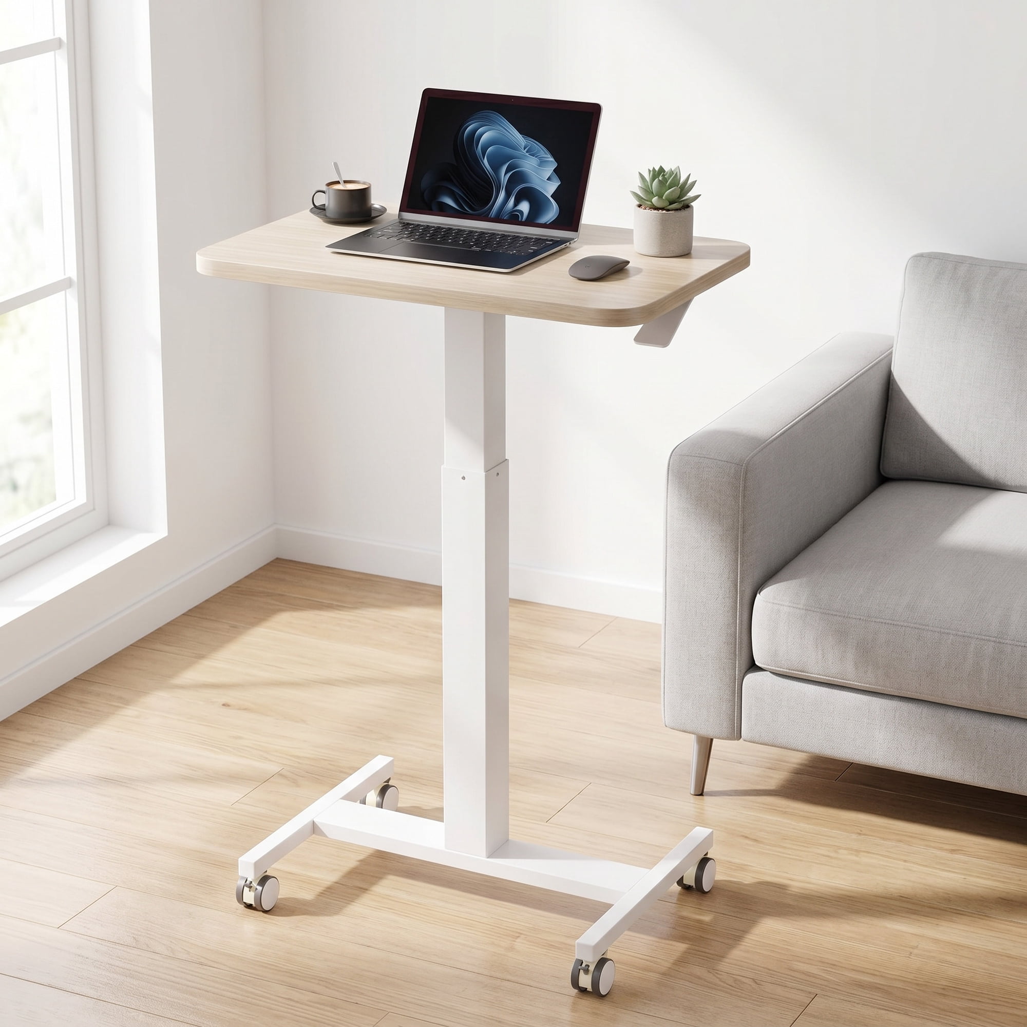 CHITOOMA Small Rolling Standing Desk, Wider Height Adjustable Mobile Desk with 4 Lockable Wheels, Portable Sit-Stand Workstation for Bedside & Sofa, Light Walunt