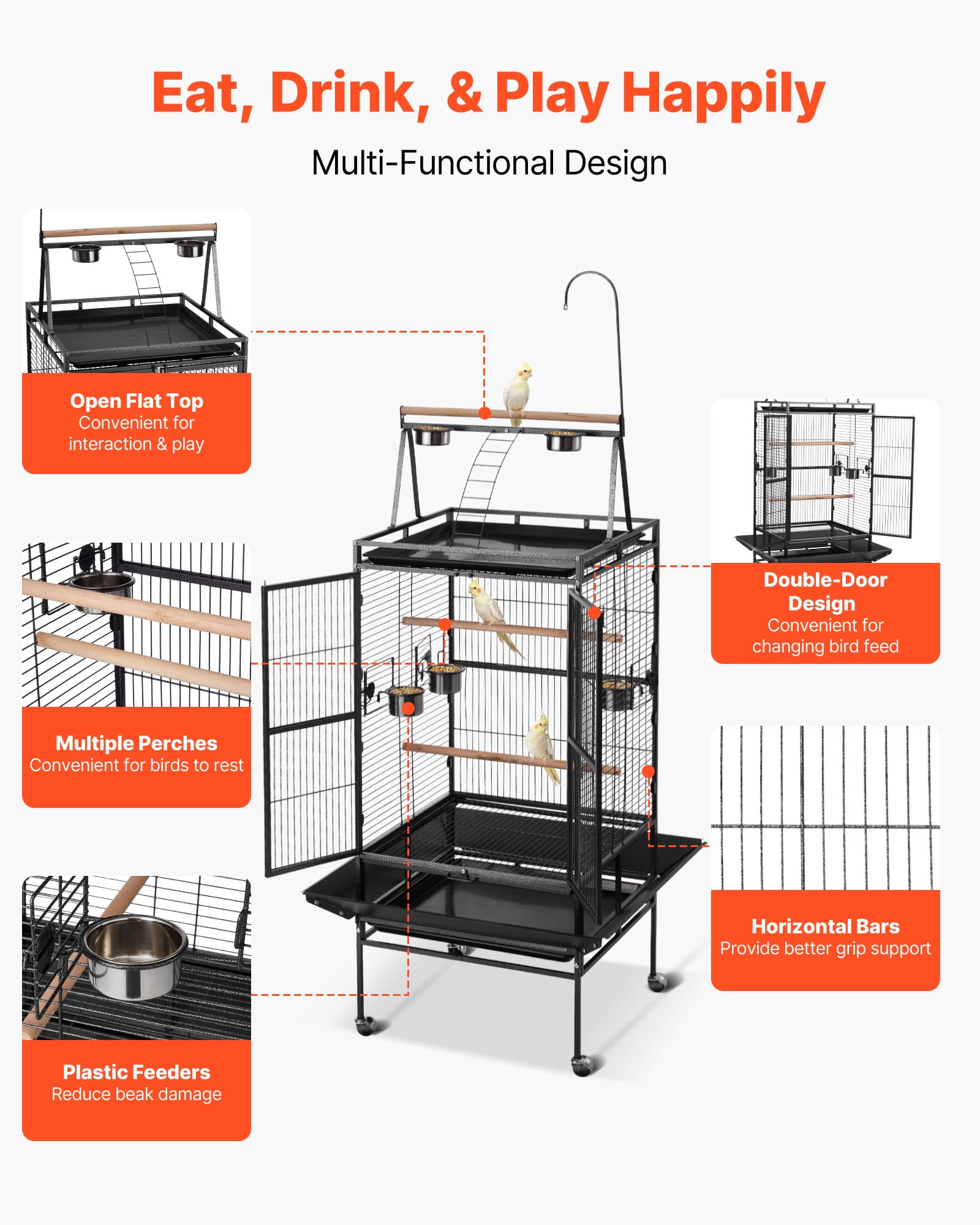 VEVOR Bird Cage, 32.7 x 31.1 x 82.7 inch, Open Flat Top, Wrought Iron Bird Flight Cage with Perches, Slide-Out Tray, Plastic Feeders, for Cockatiel, Monk Parakeet, African Grey Parrot