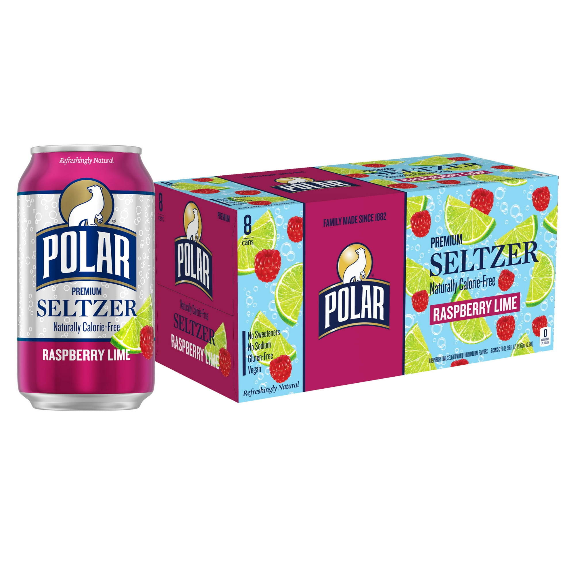 Polar Zero Calorie Raspberry Lime Sparkling Seltzer Water, 12 fl oz, 8 Pack Cans