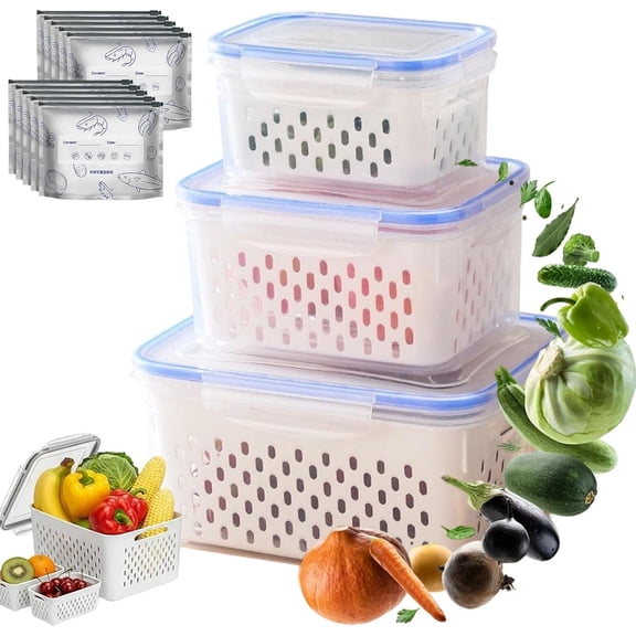 4 in 1 Food Storage Containers for Fridge,Household Transparent Plastic Food Storage Box-Including Drain Basket&Lid,Airtight Produce Container for Fruit Vegetable Organization (blue)(Q)