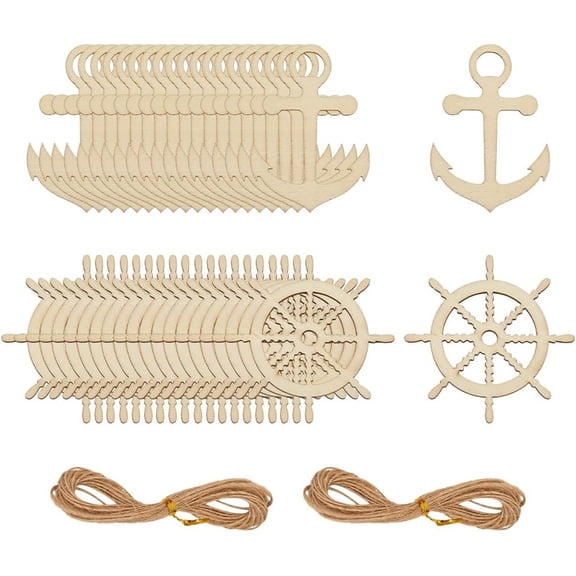 40Pcs 2 Styles Unfinished Nautical Wood Cutouts Wooden Anchor Sail Boat Wheel Cutouts with Rope Unfinished Nautical Party Decor Wood Ornaments