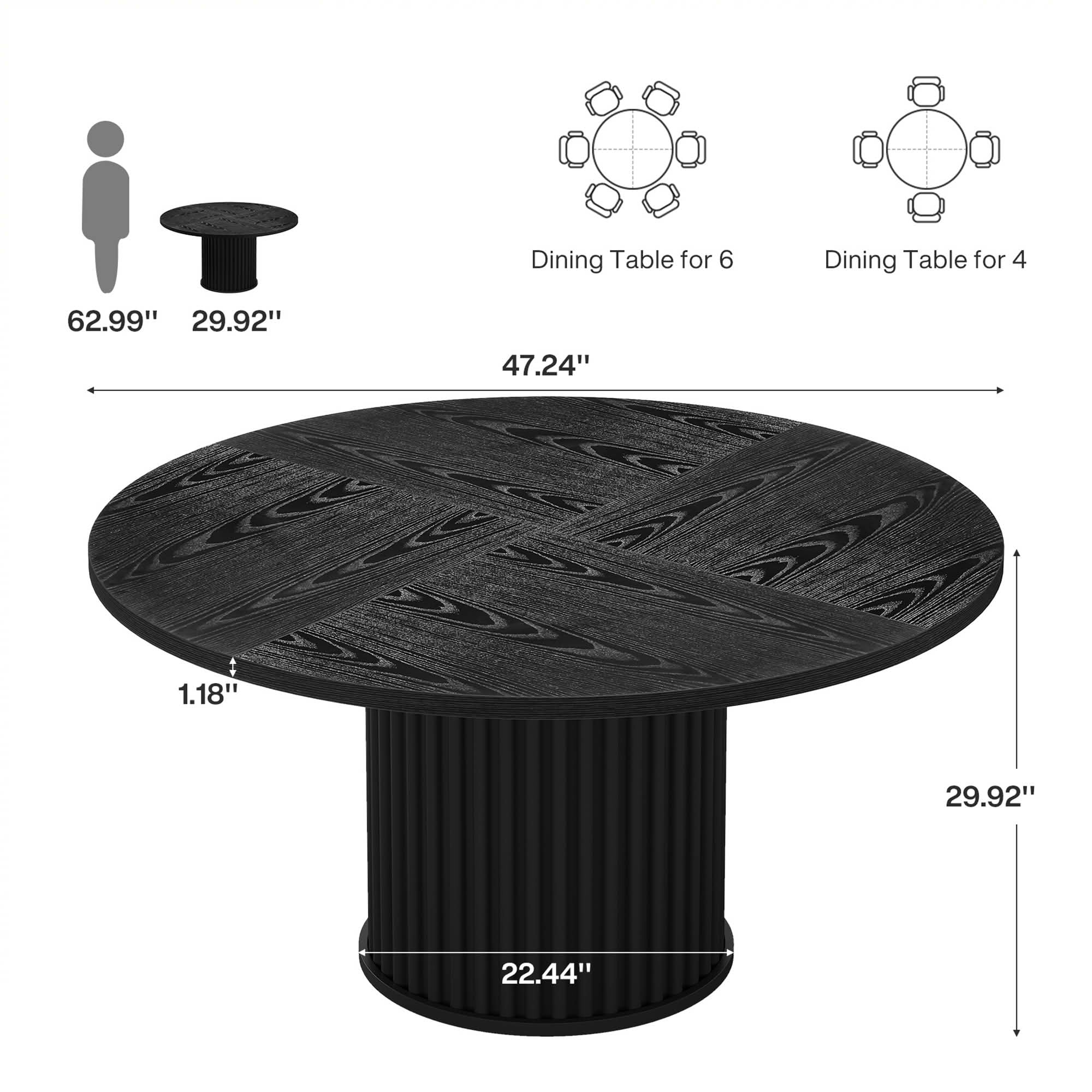 MAYEERTY 47 Inch Round Dining Table, Modern Wood Kitchen Table with Fluted Metal Base for 6 People