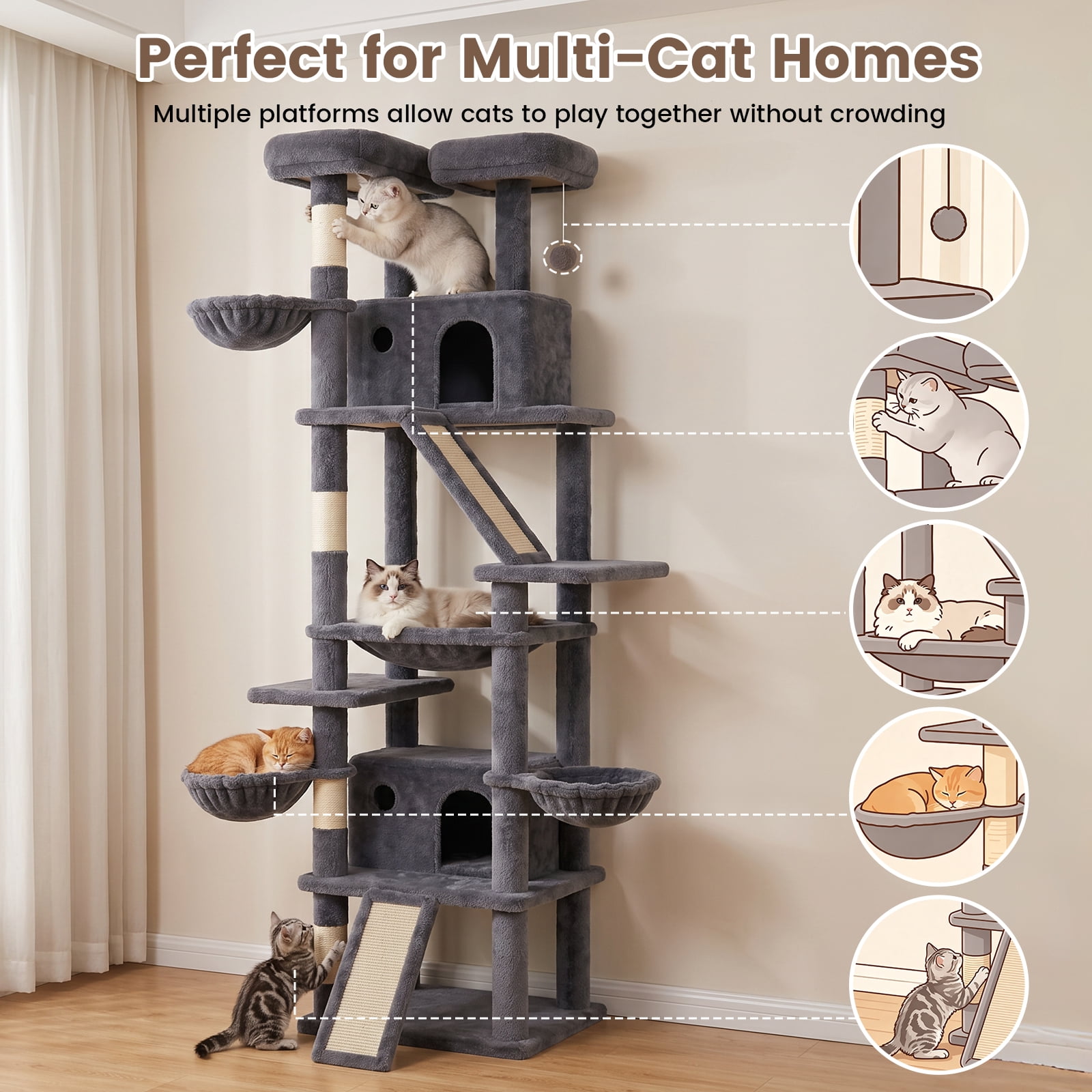 CATGOOD 81" Cat Tower, Big Cat Tree for Multiple Adult Cats, Multi-Level Tall Cat Tree with 2 Platforms, 2 Condos, 2 Hanging Basket, Hammock and Scratching Post for Indoor Kitties, Light Grey