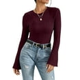 thumbnail image 5 of ZUKMRJPC Womens Long Bell Sleeve Shirts Solid Color Slim Fit Knitted Textured T-Shirts Trendy Going Out Fall Winter Fashion Outfits, 5 of 8