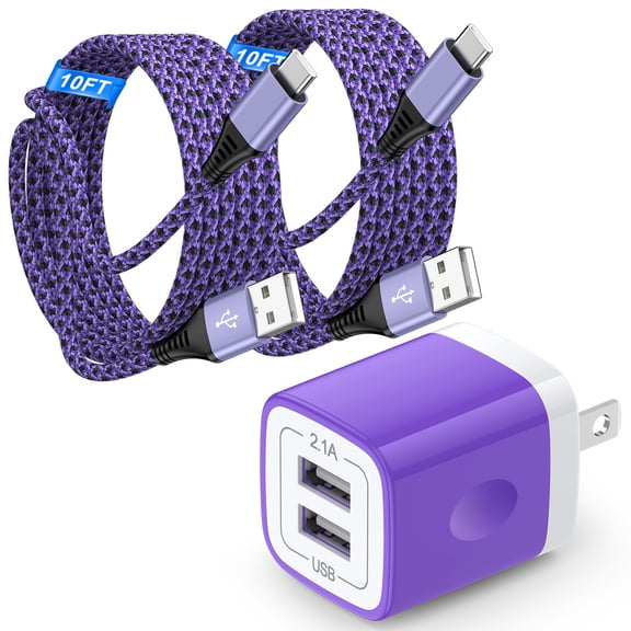 Type C Charger, Fast Charging Block USB Wall Charger with 2pcs Type C Charging Cable Cord USB C Cable 10FT, Dual Port Phone Charger Android Charger Block, USB Power Adapter USB Cube Charger[Purple]