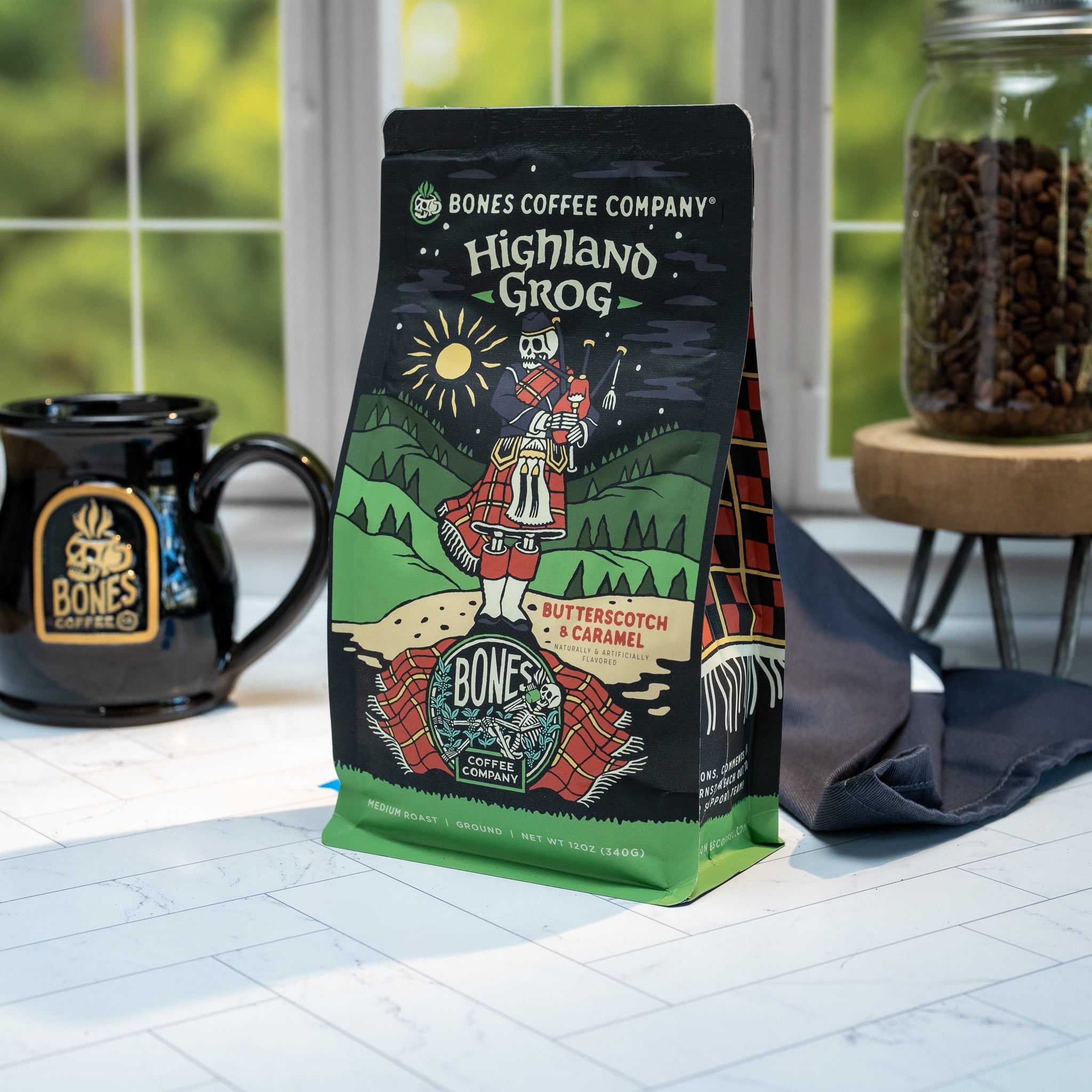 (2 pack) Bones Coffee Company Highland Grog Whole Coffee Beans Butterscotch Caramel Flavor, Low Acid Flavored Coffee Made with Arabica Coffee Beans, Medium Roast Coffee, Coffee Lover Gift Ideas (12 oz)