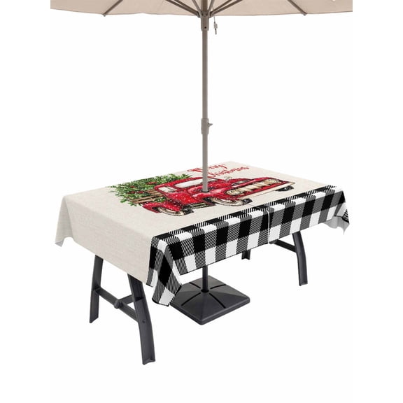 Outdoor Tablecloth with Umbrella Hole and Zipper, Christmas Truck Rectangle Table Cloth 60x102 Inch Waterproof Tablecloth, Vintage Xmas Red Black Buffalo Plaid Picnic Table Cover for Patio Camping