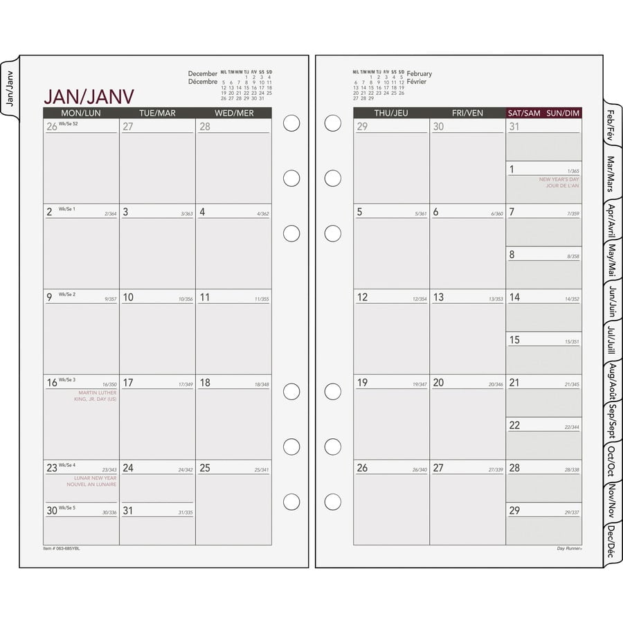 Day Runner Tabbed Monthly Calendar Refill