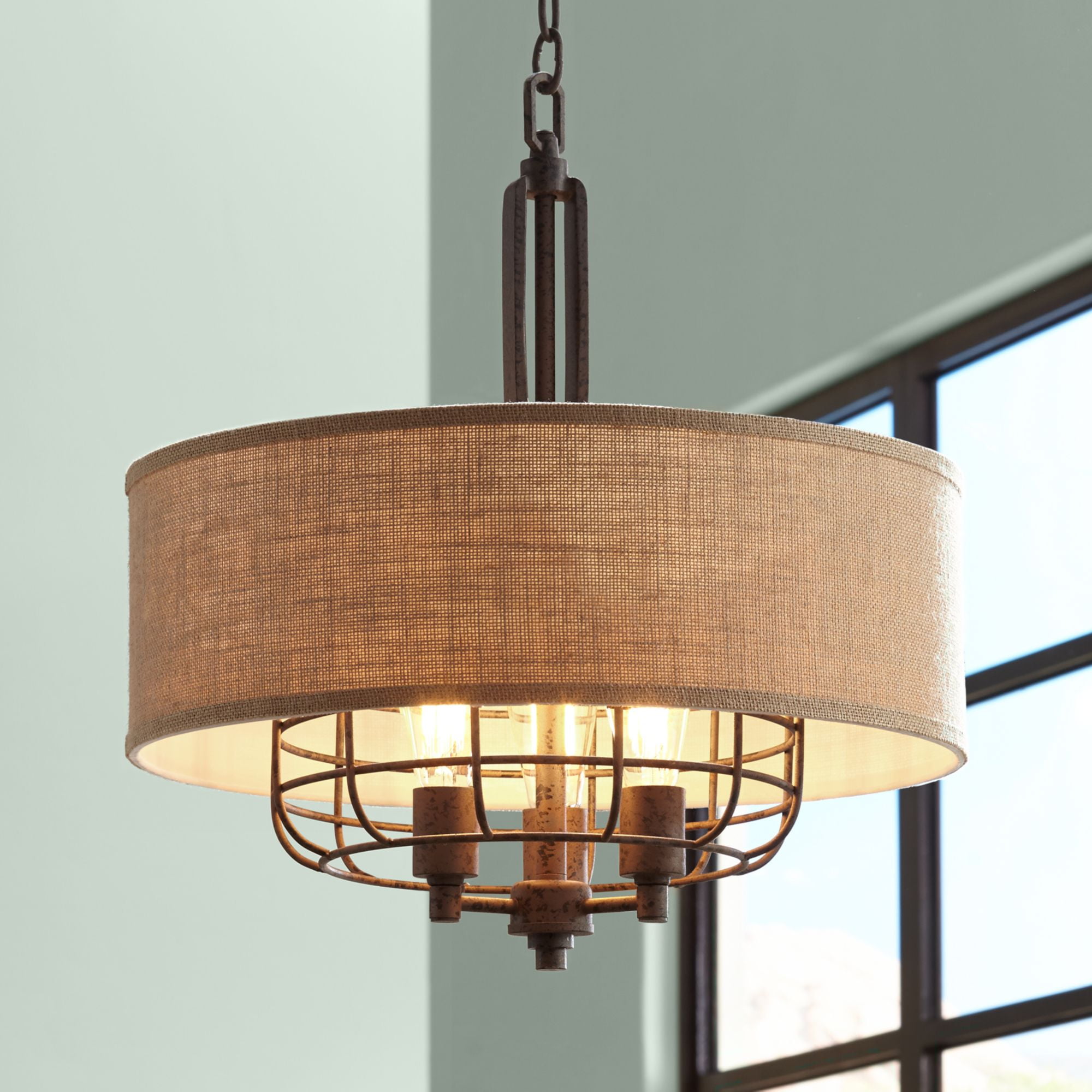 Franklin Iron Works Rust Cage Pendant, Dining Room Chandelier Drum Shade