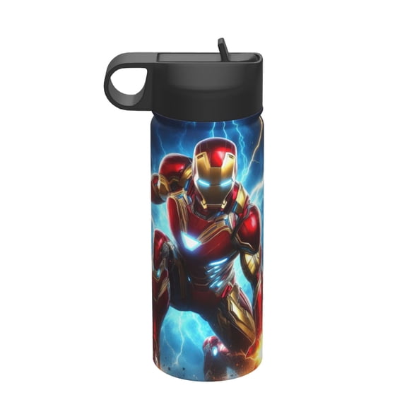 Iron Man Water Bottle with Straw Lid 18Oz Stainless Steel Vacuum Insulated Wide Mouth Water Bottles Cup for Boys Girls