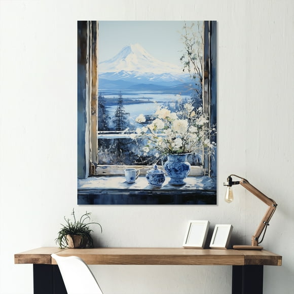 Designart "Mountain View of Mount Fuji in Japan Window III" Japan Metal Wall Art, White Metal Wall Decor, Traditional Metal Art Decor For Bedroom - 24x32 Inch