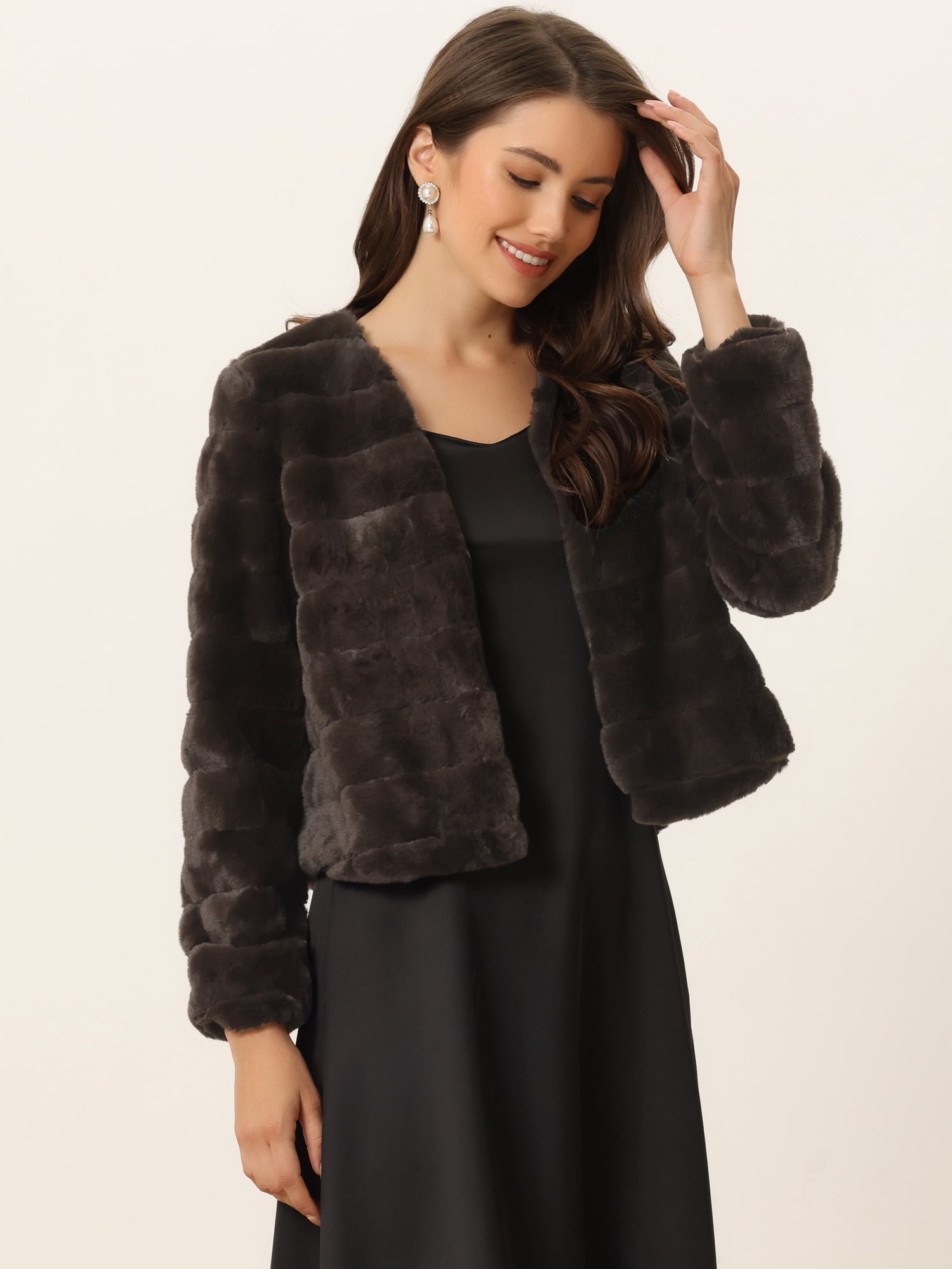 DARING DIVA Women's Long Sleeve Collarless Shaggy Soft Faux Fur Coat L Dark Brown