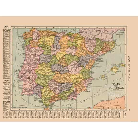 Historic Map - Spain Portugal - Hammond 1910 - Vintage Wall Art