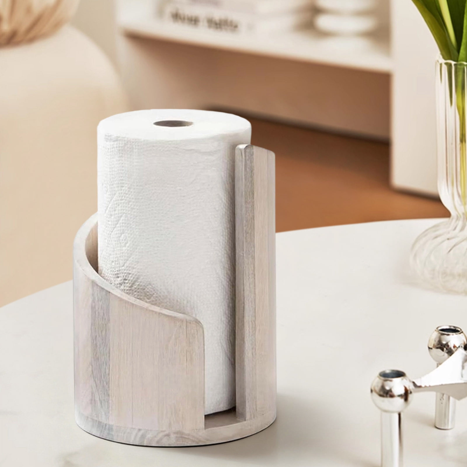 Paper Towel Holder Countertop with Wood Round Base and Iron Holder,Wood and Metal Paper Towel Holders Countertop,Spiral Design Decorative Storage Box for Bathroom
