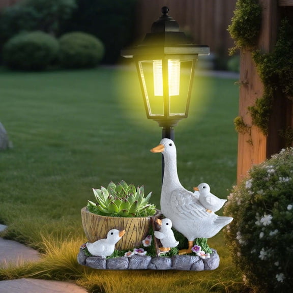 Rijanmt Outdoor Solar Lamp with Flower Pot Goose Statue,12.2" H Duck Figurines Of Resin Art Sculptures for Patio Lawn Backyard Porch Ornament,Unique Housewarming Birthday Gifts for Women Mom