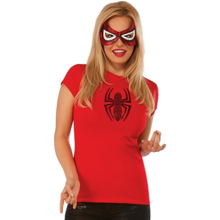 Womens Adult Spider Girl Rhine Stone T-Shirt And Mask Set Costume