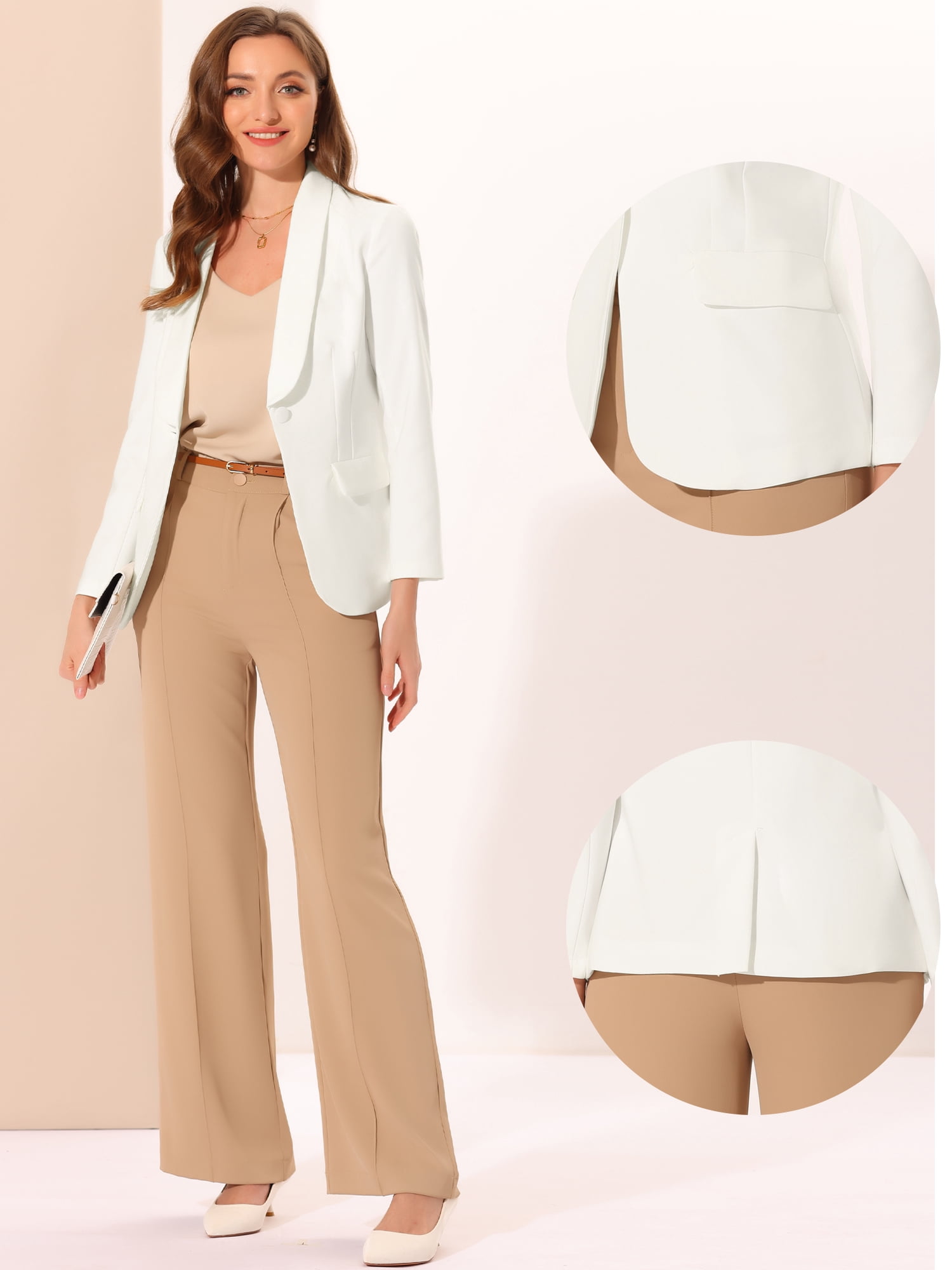 DARING DIVA Shawl Lapel Long Sleeve Pockets Office Blazer L White
