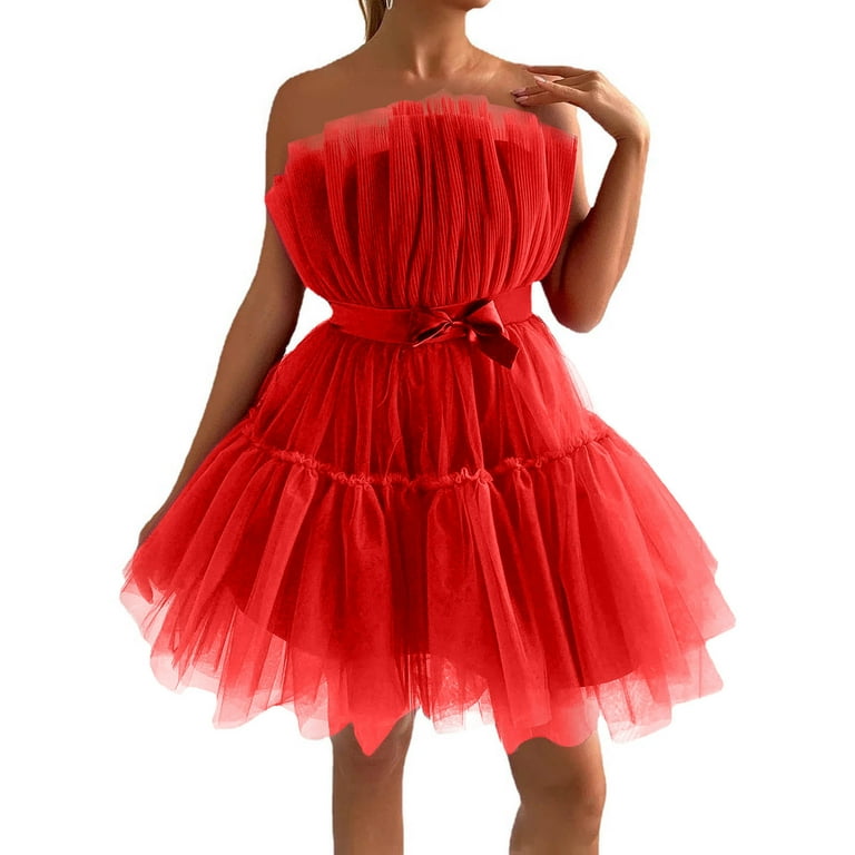 knee length dresses for ladies Miss Circle Women's Sacha Drop Waist Corset Puffy Mini Dress - Red