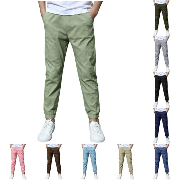 OSOLU Boys Pants Elastic Waist Side Pockets Jogger Kids Daily Casual Trousers Green