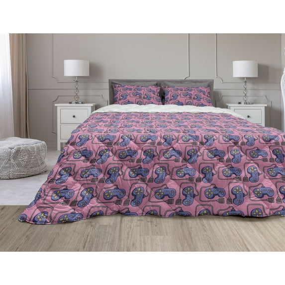 Gaming Comforter & Sham Bedding Set, Continuous Joystick Gamepad Vintage, 3 pcs Duvet Set Microfiber Filling Quilt, 5 Sizes, Pink Violet Blue, by Ambesonne