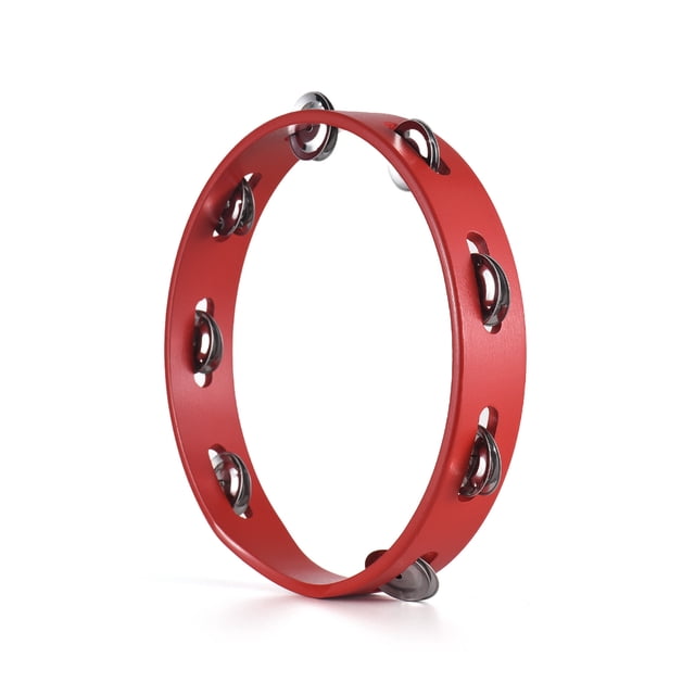 Tambourine de 10 Pouces pour Adultes, Son de Grelot Agréable, Anneaux de Cloche Rouges à Manivelle, Cloche en Bois et Métal, Instruments de Percussion, Fournitures pour la Maison, l'École et les Fêtes, Rangée Simple, Tambourine en Bois