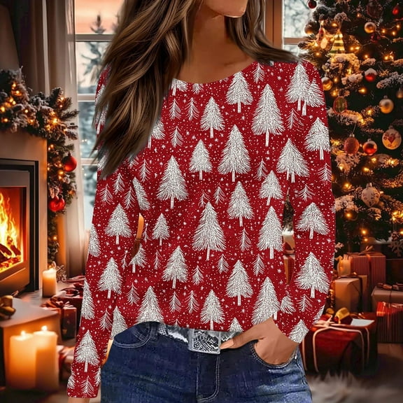 HOMBOM Womens Long Sleeve Tops Plus Size Christmas Dressy Casual Ugly Red Merry and Bright Xmas Blouse for Female Crewneck