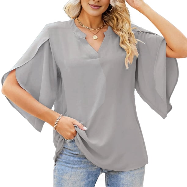 Blusa Holgada de con Cuello en V y Mangas 3/4 con Volantes para Mujer, Color Gris, Talla S
