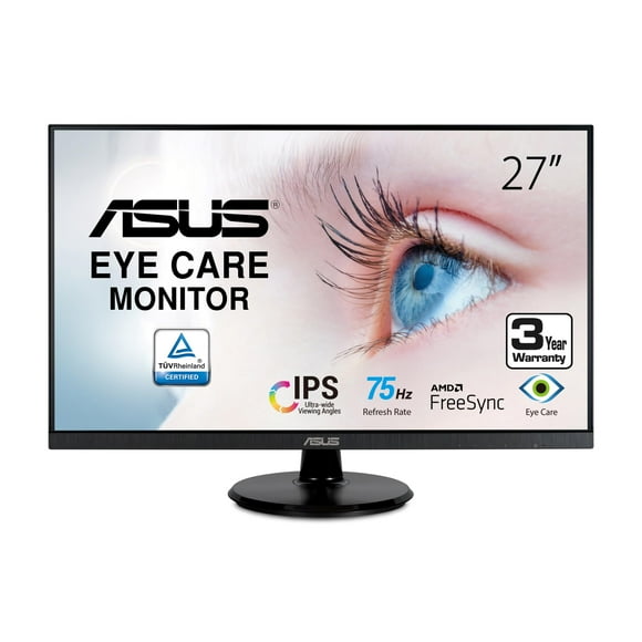 ASUS 27” 1080P Monitor (VA27DQ) - Full HD, IPS, 75Hz, Speakers, Adaptive-sync/FreeSync™, Low Blue Light, Flicker Free, VESA Mountable, Frameless, HDMI, VGA, DisplayP