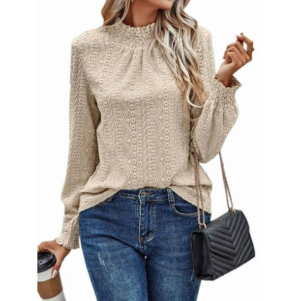 Camiseta de Larga con Cuello Alto y Ojales para Mujer, Elegante, Informal, , de Negocios, Elástica, con Aberturas Albaricoque S