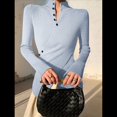 thumbnail image 4 of Suéter Básico de Punto para Mujer, Elegante Jersey de Cuello Alto con Botones, Corte Entallado, Abertura Cruzada y Larga. Azul XL, 4 of 7