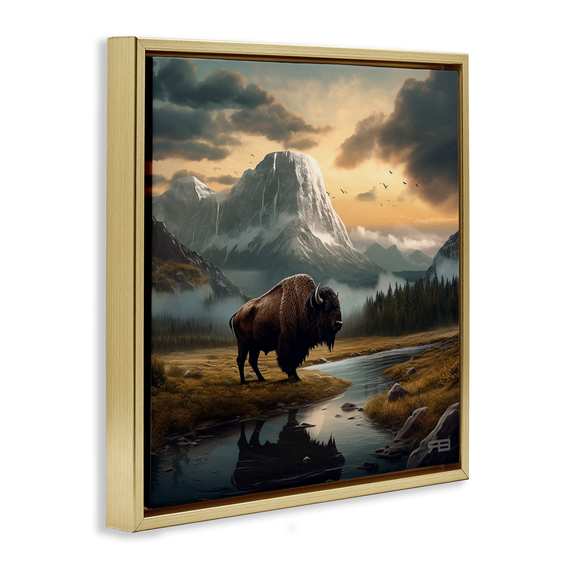 Stupell Industries Bison & Vast Mountains Landscape & Nature Painting Gold Floater Framed Canvas Art Print Wall Art, 18 x 18