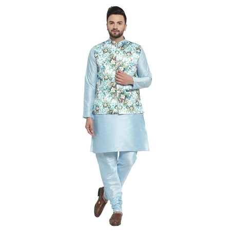 ELINA FASHION Men's Indian Raw Silk Kurta Pajama And Nehru Jacket (Waistcoat) || Ethnic Wedding Diwali Puja Set