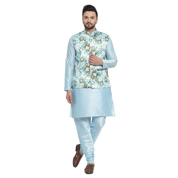 ELINA FASHION Men's Indian Raw Silk Kurta Pajama And Nehru Jacket (Waistcoat) || Ethnic Wedding Diwali Puja Set