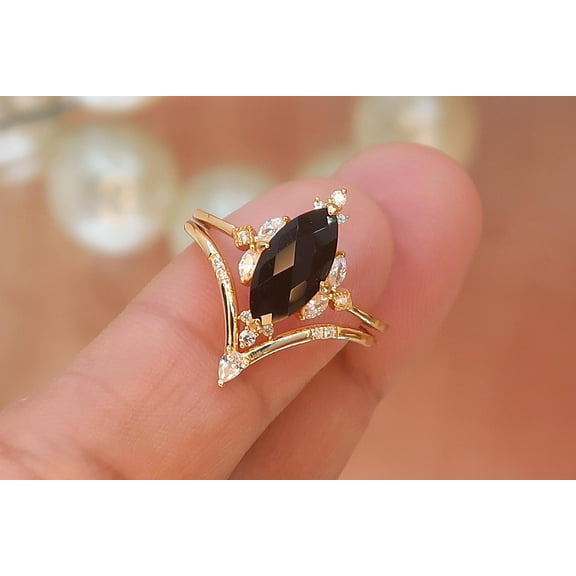Hitanshu Jewels Gold Plated Marquise Black Stone Ring with CZ Accents Elegant Statement Ring Set for Women
