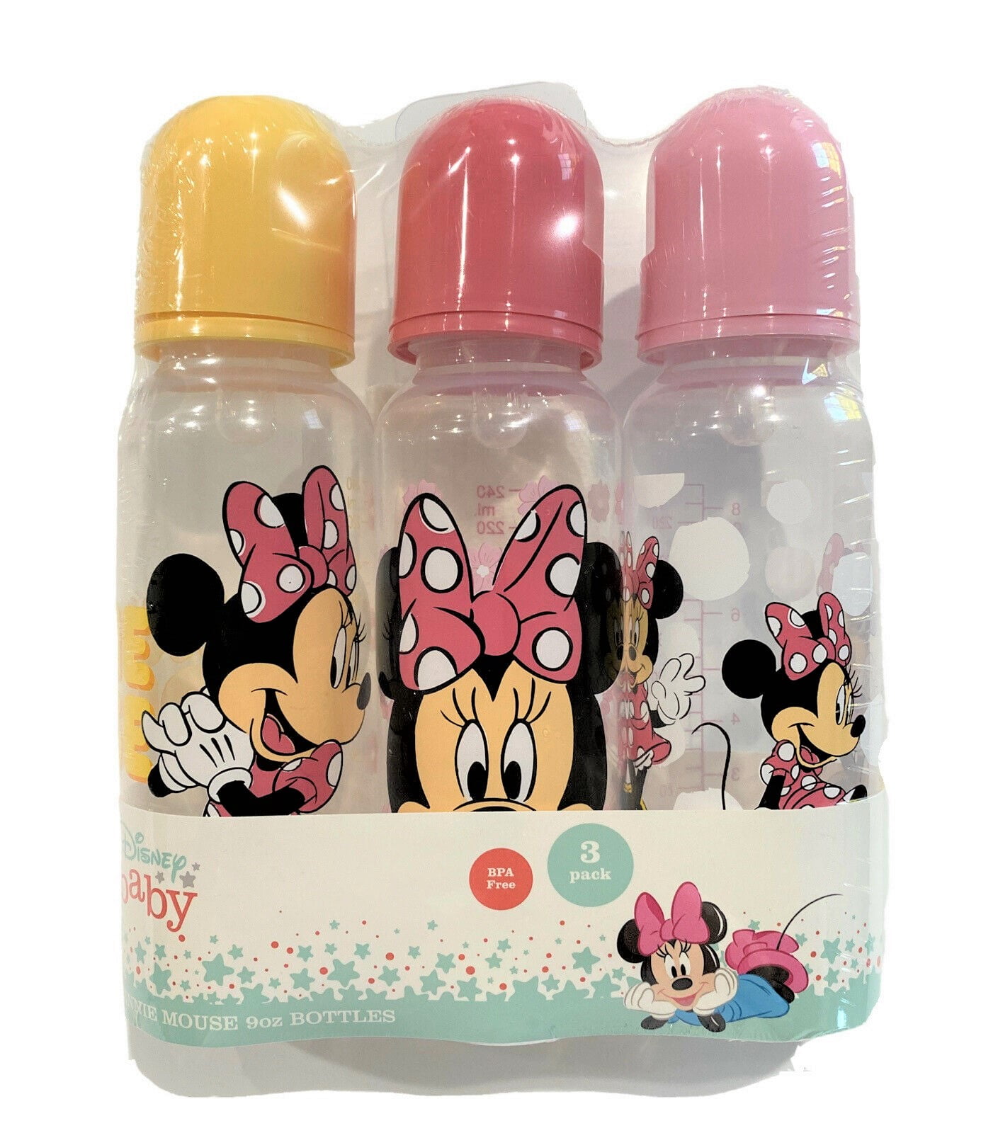 BABY BOTTLE SET 3 GIRLS DISNEY MINNIE MOUSE YELLOW PINK 9 oz BPA