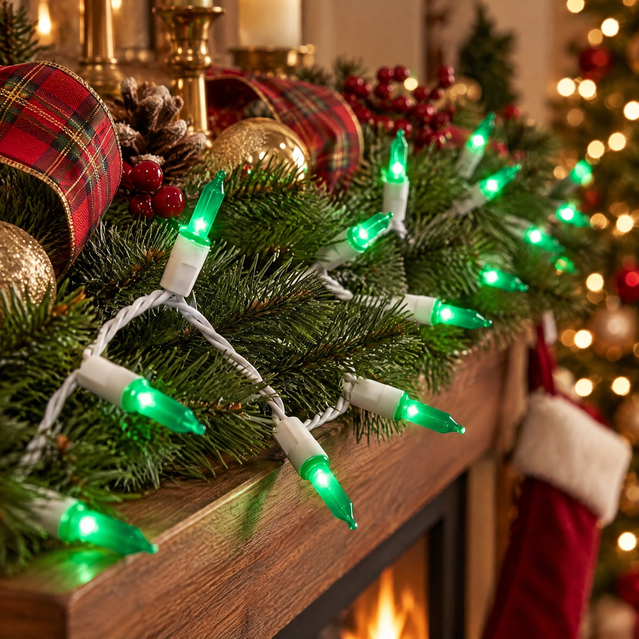Indoor/Outdoor 100-Count LED Mini Christmas String Lights, Green, White Wire, 19.5', by Holiday Time