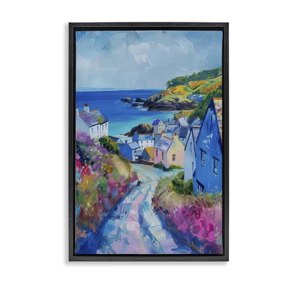 Stupell Industries Seaside Town Overlook Landscape & Nature Painting Black Floater Framed Canvas Art Print Wall Art, 17 x 25