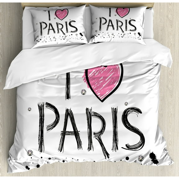 Eiffel Tower Duvet Cover Set, I Love Paris Pencil Drawn Wording with Paint Spots Splashes, Decorative 3 Piece Bedding Set with 2 Pillow Shams, Calking Size, Pink Charcoal Grey, by Ambesonne