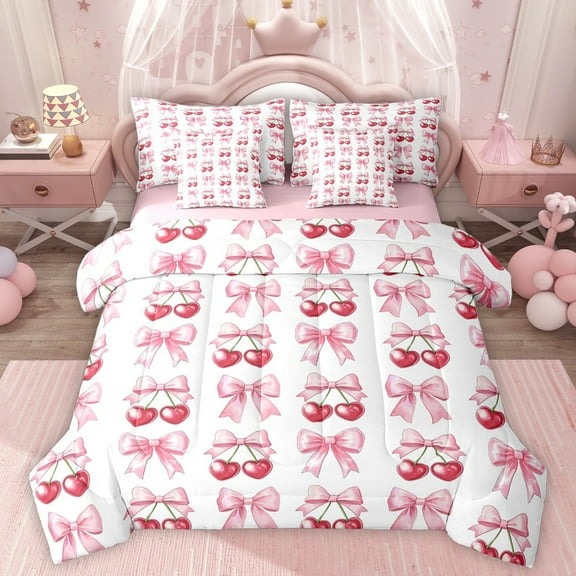 Homewish Kawaii Sweet Cherries 7-Piece Twin Bedding Sets,Girl Bowknot Ribbon Bedding Comforter Set,Pink White Red Sheet Sets For Girl Teens,Super Cozy Room Decor Reversible