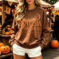 thumbnail image 2 of Crew Neck Sweatshirts Women Vintage Witch Broom Print Long Sleeve Pullover Relaxed Fit Casual Halloween Fall Festival Tops Brown M, 2 of 7