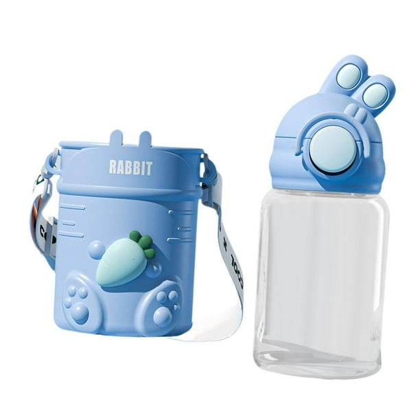 Botella de agua para niños, taza para beber, botón de bloqueo, botella de agua bonita con correa ajustable para actividades al aire libre, Picnic Azul