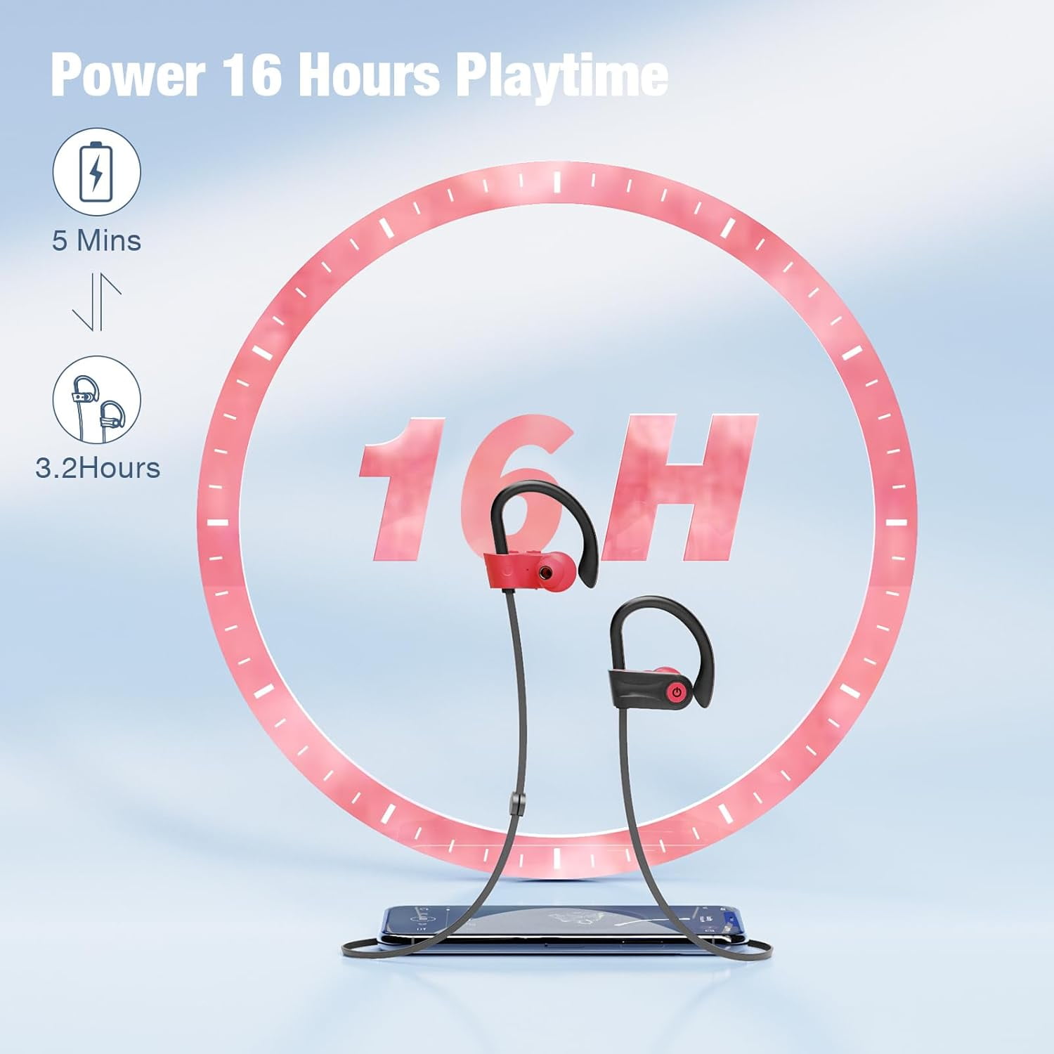 Bluetooth Headphones, Wireless Headphones with 16 Hours Playtime Bluetooth 5.3 Wireless Earbuds HD Deep Bass Stereo Sound Isolation IPX7 Waterproof Earphones for Workout Running Sports