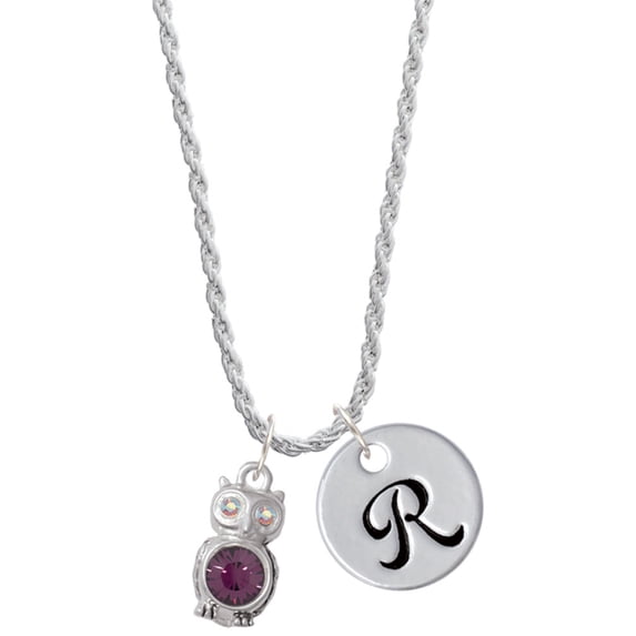 Delight Jewelry Silvertone 3-D Purple & AB Crystal Owl Silvertone Script Initial Disc - R - Charm Necklace, 20"+3"