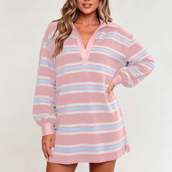 Womens Striped Mini Dress V-Neck Lapel Collar Long Sleeve Shirt Dress Trendy Casual Comfy Loose Clothes 01 Pink M