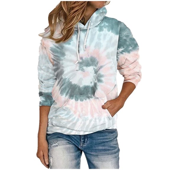 IROINNID Hoodie for Women Plus Size Tie-Dye Printed Fall Pullover Long Sleeve Casual Drawstring Hoodie,Blue